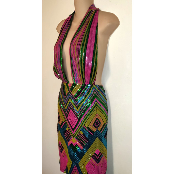 Sexy Multicolor Sequin Mini Dress Plunging Halter 1XL Open Back Retro Club Party - Picture 2 of 16